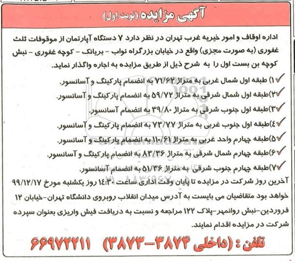 مزایده،مزایده واگذاری 7 دستگاه آپارتمان نوبت اول 