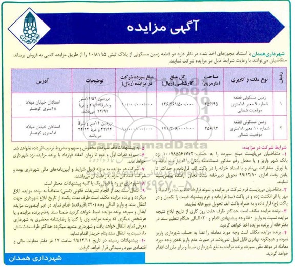 آگهی مزایده مزایده فروش دو قطعه زمین مسکونی 