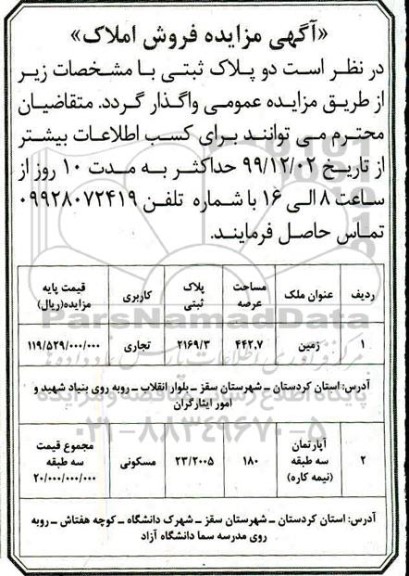 مزایده،مزایده فروش پلاک ثبتی 442.7 مترمربع