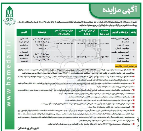 مزایده،مزایده فروش دو قطعه زمین مسکونی 256.95 و 256.92 مترمربع 