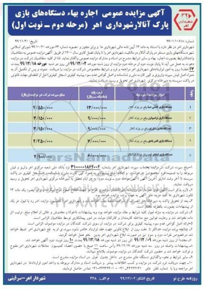 مزایده عمومی ، مزایده اجاره دستگاه های بازی مستقر در پارک - مرحله دوم نوبت اول