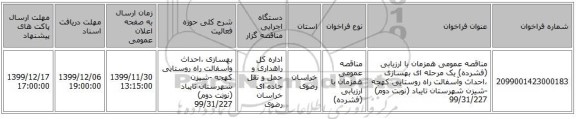 مناقصه عمومی همزمان با ارزیابی (فشرده) یک مرحله ای بهسازی ،احداث وآسفالت راه روستایی کهجه -شیزن شهرستان تایباد (نوبت دوم) 99/31/227