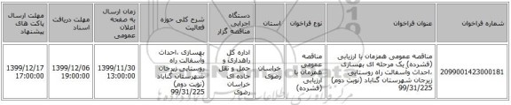 مناقصه عمومی همزمان با ارزیابی (فشرده) یک مرحله ای بهسازی ،احداث وآسفالت راه روستایی زیرجان شهرستان گناباد (نوبت دوم) 99/31/225