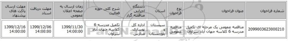 مناقصه عمومی یک مرحله ای تکمیل مدرسه 6 کلاسه جهان آباد سراوان