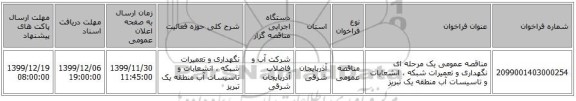 مناقصه عمومی یک مرحله ای نگهداری و تعمیرات شبکه ، انشعابات و تاسیسات آب منطقه یک تبریز