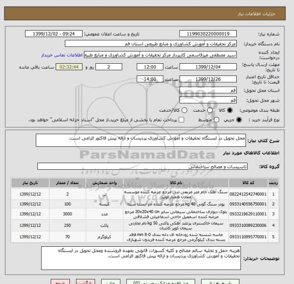 استعلام محل تحویل در ایستگاه تحقیقات و آموزش کشاورزی پردیسان و ارائه پیش فاکتور الزامی است.