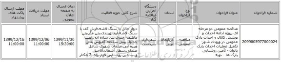 مناقصه عمومی دو مرحله ای پروژه ادامه احداث و پوشش کانال و احداث پارک عمومی در ورودی شهر- تکمیل عملیات احداث پارک بانوان - تأمین روشنایی پارک ها - تهیه