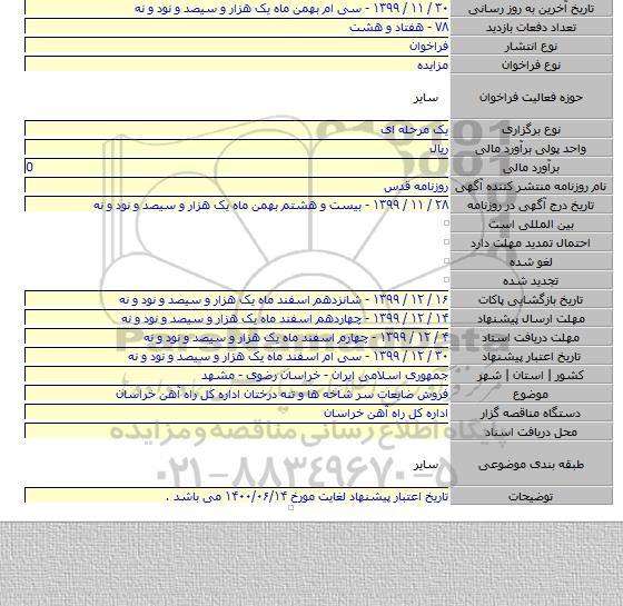 فروش ضایعات سر شاخه ها و تنه درختان اداره کل راه آهن خراسان