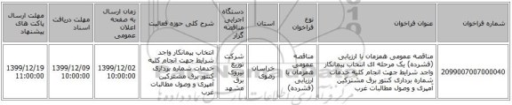 مناقصه عمومی همزمان با ارزیابی (فشرده) یک مرحله ای انتخاب پیمانکار واجد شرایط جهت انجام کلیه خدمات شماره برداری کنتور برق مشترکین آمپری و وصول مطالبات غرب