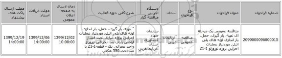 مناقصه عمومی یک مرحله ای تهیه، بار گیری، حمل، بار اندازی لوله های پلی اتیلن موردنیاز عملیات اجرایی پروژه نوروزلو Z1-1  