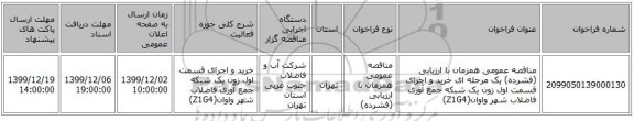 مناقصه عمومی همزمان با ارزیابی (فشرده) یک مرحله ای خرید و اجرای قسمت اول زون یک شبکه جمع آوری فاضلاب شهر واوان(Z1G4)