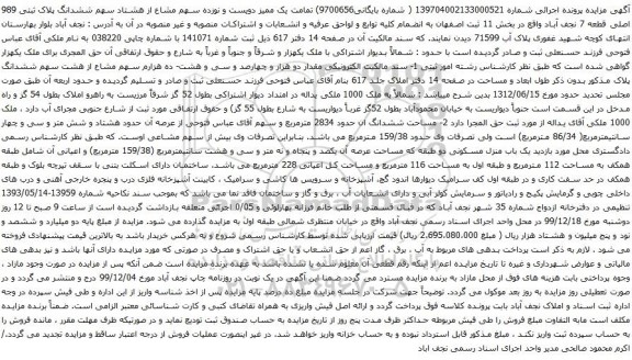آگهی مزایده سهم مشاع از هشتاد سهم ششدانگ پلاک ثبتی 989 اصلی قطعه 7