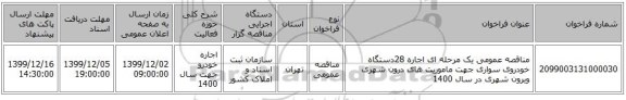 مناقصه عمومی یک مرحله ای اجاره 28دستگاه خودروی سواری جهت ماموریت های درون شهری وبرون شهری در سال 1400 
