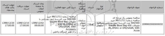 مناقصه عمومی یک مرحله ای مناقصه شماره 99/11711 خرید 500/000 عدد کیـسه خـون دوتـایی با ملحـقات    Double Blood Bag 450 ML,CPDA1 or CPD/SAGM, With Acces