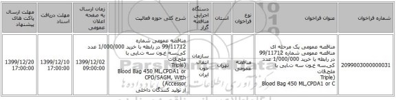 مناقصه عمومی یک مرحله ای مناقصه عمومی شماره 99/11712 در رابطه با خرید 1/000/000 عدد کیـسه خـون سه تـایی با ملحـقات (Triple Blood Bag 450 ML,CPDA1 or C