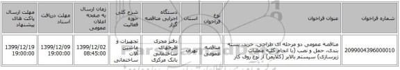 مناقصه عمومی دو مرحله ای طراحی، خرید، بسته بندی، حمل و نصب (با انجام کلیه عملیات زیرسازی) سیستم بالابر (کلایمر) از نوع روف کار