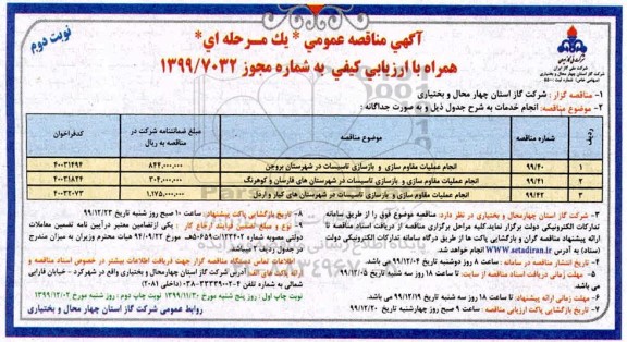 مناقصه انجام عملیات مقاوم سازی و بازسازی تاسیسات ... نوبت دوم 