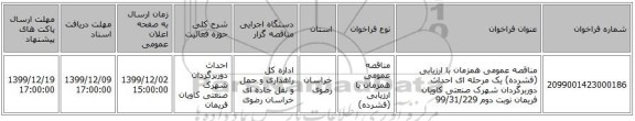 مناقصه عمومی همزمان با ارزیابی (فشرده) یک مرحله ای احداث دوربرگردان شهرک صنعتی کاویان فریمان نوبت دوم 99/31/229