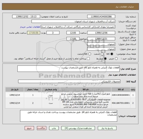 استعلام قطعات بلوک کنترلی به همراه تابلو plc  طبق مشخصات پیوست 