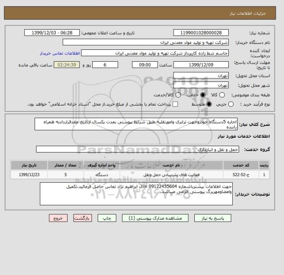 استعلام اجاره 5دستگاه خودروجهت ترابری وامورنقلیه طبق شرایط پیوستی بمدت یکسال ازتاریخ عقدقراردادبه همراه راننده