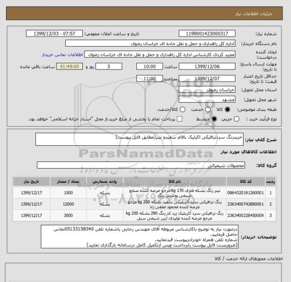 استعلام خریدرنگ سردترافیکی اکرلیک بافام سفیدو تینر(مطابق فایل پیوست)