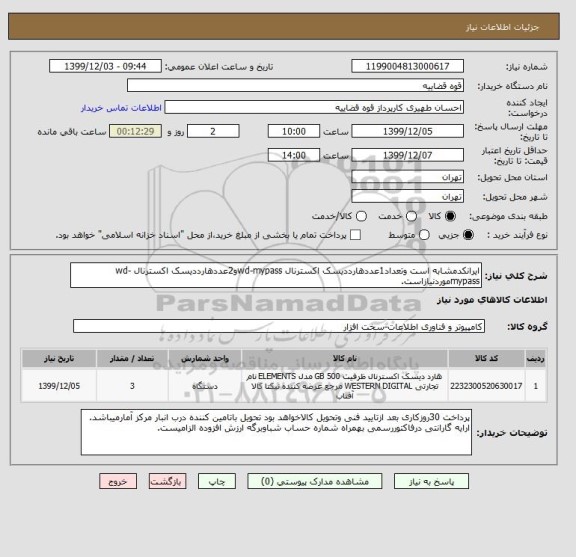 استعلام ایرانکدمشابه است وتعداد1عددهارددیسک اکسترنال wd-mypassو2عددهارددیسک اکسترنال wd-mypassموردنیازاست.