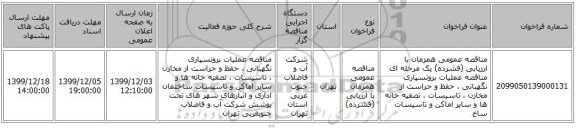 مناقصه عمومی همزمان با ارزیابی (فشرده) یک مرحله ای مناقصه عملیات برونسپاری نگهبانی ، حفظ و حراست از مخازن ، تاسیسات ، تصفیه خانه ها و سایر اماکن و تاسیسات ساخ