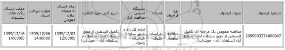 مناقصه عمومی یک مرحله ای تکمیل قسمتی از محور سلطان آباد - شفیع آباد (سلطان آباد - خوشاب)