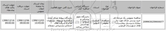 مناقصه عمومی یک مرحله ای خرید پرسی غذای مورد نیاز بیماران و پرسنل بیمارستان های شهرستان فردوس