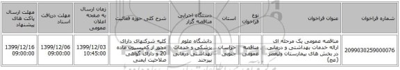 مناقصه عمومی یک مرحله ای ارائه خدمات بهداشتی و درمانی در بخش های بیمارستان ولیعصر (عج)  