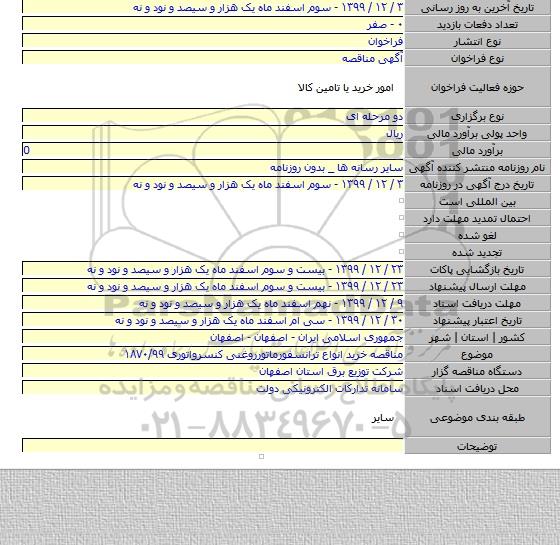 مناقصه خرید انواع ترانسفورماتورروغنی کنسرواتوری ۱۸۷۰/۹۹