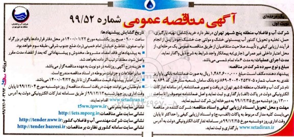 مناقصه خرید تهیه بارگیری حمل تخلیه و تحویل کنتور آب پیستونی