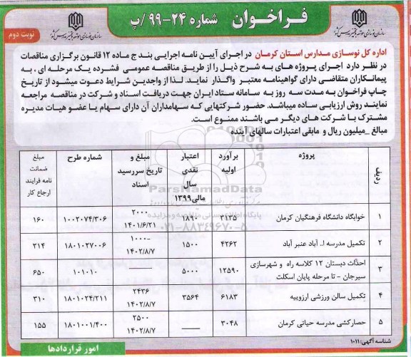فراخوان مناقصه, فراخوان خوابگاه دانشگاه فرهنگیان .... نوبت دوم 