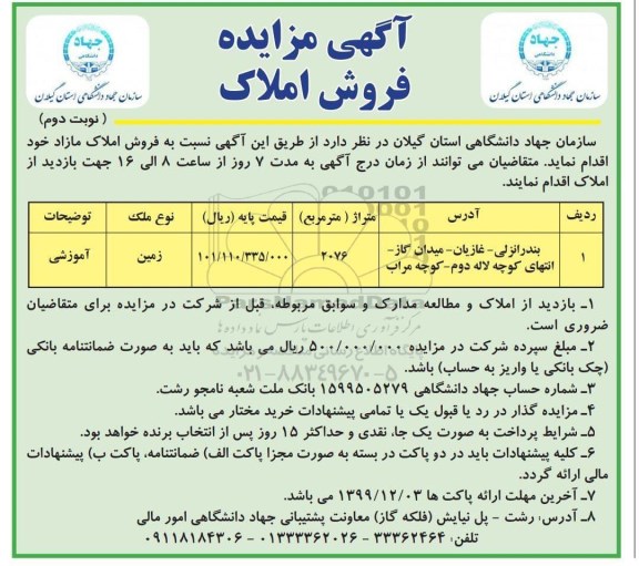 مزایده،مزایده فروش املاک مازاد 2076 مترمربع