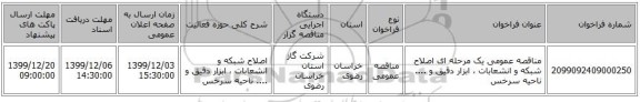 مناقصه عمومی یک مرحله ای اصلاح شبکه و انشعابات ، ابزار دقیق و .... ناحیه سرخس