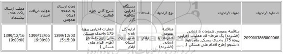 مناقصه عمومی همزمان با ارزیابی (فشرده) یک مرحله ای عملیات اجرایی پروژه 175 واحدی مسکن ملی بلوار دانشجو (طرح اقدام ملی مسکن )