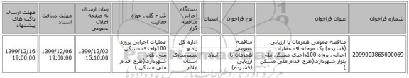 مناقصه عمومی همزمان با ارزیابی (فشرده) یک مرحله ای عملیات اجرایی پروژه 100واحدی مسکن ملی بلوار شهرداری(طرح اقدام ملی مسکن )