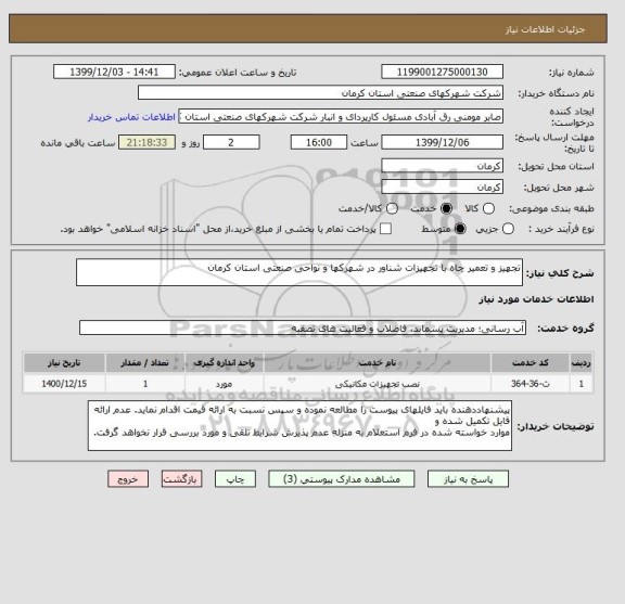 استعلام تجھیز و تعمیر چاه با تجھیزات شناور در شھرکھا و نواحی صنعتی استان کرمان