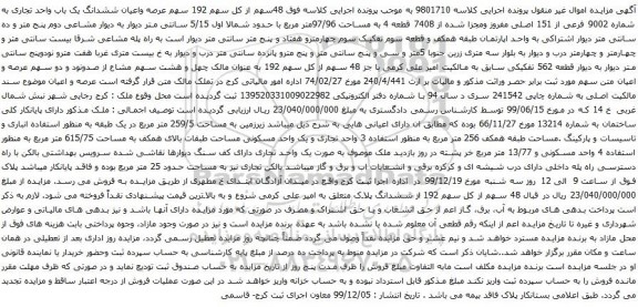 آگهی مزایده سهم عرصه واعیان ششدانگ یک باب واحد تجاری