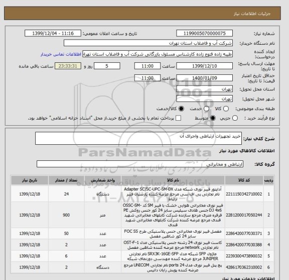 استعلام خرید تجهیزات ارتباطی واجرای آن