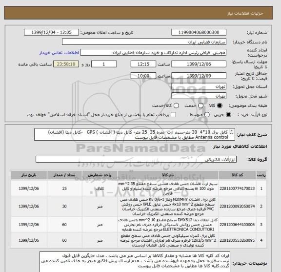 استعلام کابل برق 10*4  30 متر-سیم ارت  نمره 35  25 متر- کابل دیتا ( افشان ) GPS   -کابل دیتا (افشان) Antenna control مطابق با مشخصات فایل پیوست
