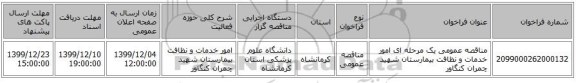 مناقصه عمومی یک مرحله ای امور خدمات و نظافت بیمارستان شهید چمران کنگاور 