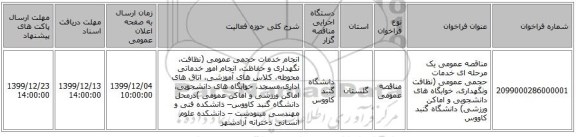 مناقصه عمومی یک مرحله ای خدمات حجمی عمومی (نظافت ونگهداری، خوابگاه های دانشجویی و اماکن ورزشی) دانشگاه گنبد کاووس 