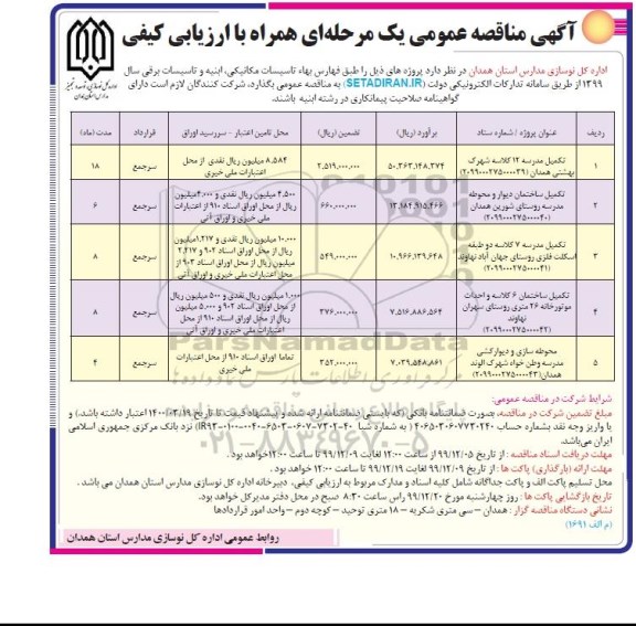 مناقصه تکمیل مدرسه ۱۲ کلاسه ...