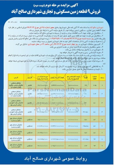 مزایده، مزایده فروش 9 قطعه زمین مسکونی و تجاری نوبت دوم مرحله دوم