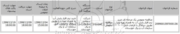 مناقصه عمومی یک مرحله ای خرید نرم افزار پایش آب به همراه تهیه و یا تطبیق دیتالاگر با الزامات فنی سازمان آب و برق خوزستان