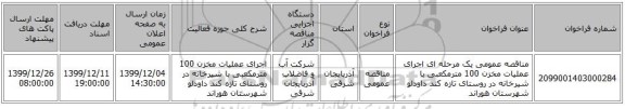 مناقصه عمومی یک مرحله ای اجرای عملیات مخزن 100 مترمکعبی با شیرخانه در روستای تازه کند داودلو شهرستان هوراند