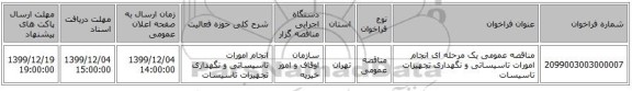 مناقصه عمومی یک مرحله ای انجام امورات تاسیساتی و نگهداری تجهیزات تاسیسات
