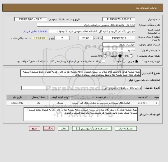 استعلام تهیه نقشه های کاداستر (36 مکان در سطح استان وارائه نقشه ها در فایل کد به همراه نقاط شمیم) تسویه نقدی بعداز تایید نقشه ها توسط سازمان ثبت اسناد و املاک