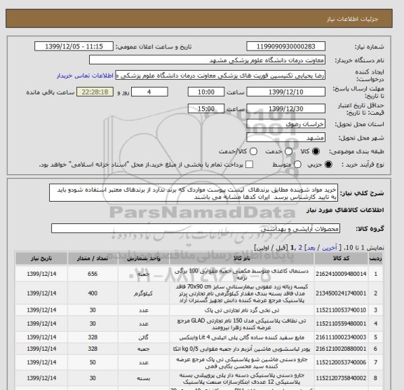 استعلام خرید مواد شوینده مطابق برندهای  لیست پیوست مواردی که برند ندارد از برندهای معتبر استفاده شودو باید به تایید کارشناس برسد  ایران کدها مشابه می باشند 